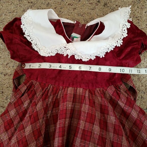 Vtg Sunny Angeles USA Plaid Christmas Large Collar Velour Circle Skirt Dress 4T - Picture 10 of 12